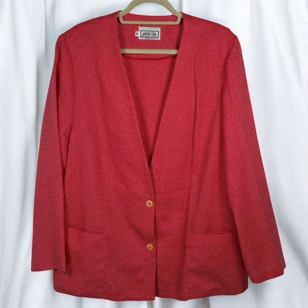 VTG‎ 80s New Attitude Blazer Women Pink Size 16 V-Neck Button Front Made in USA